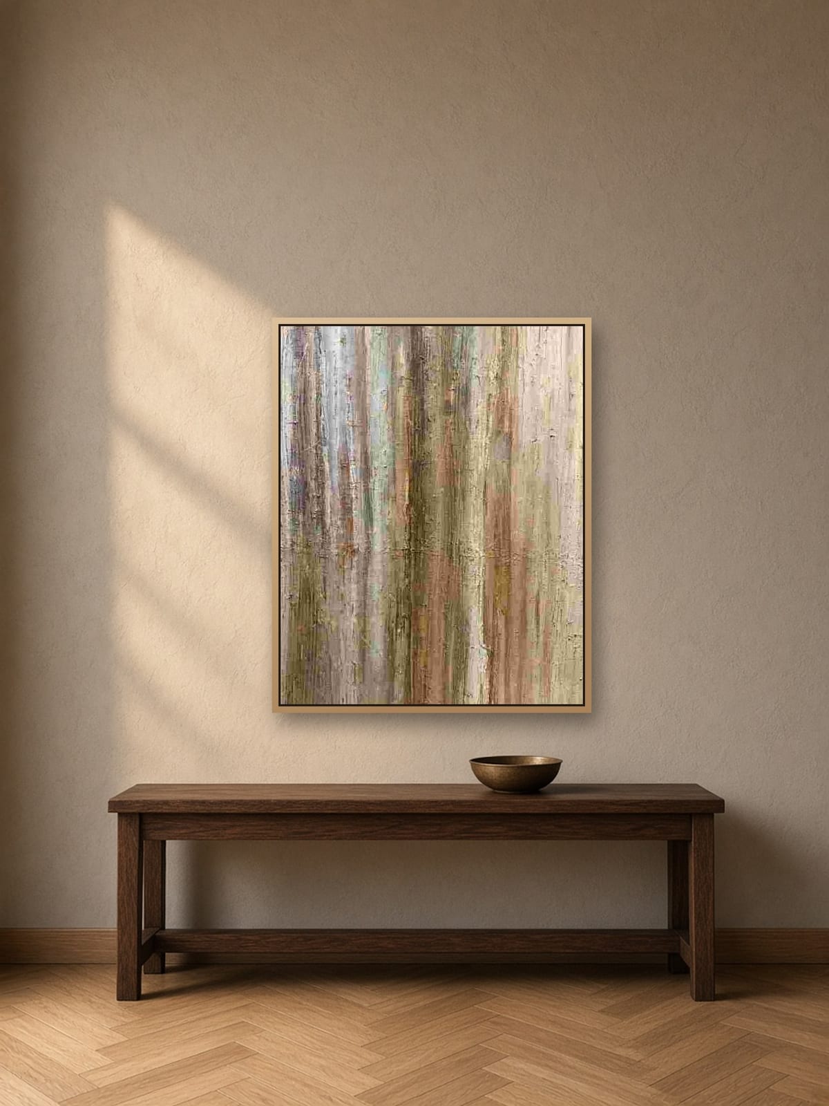 Echoes Between Layers shown to scale on a wall, 100 × 80 × 2 cm