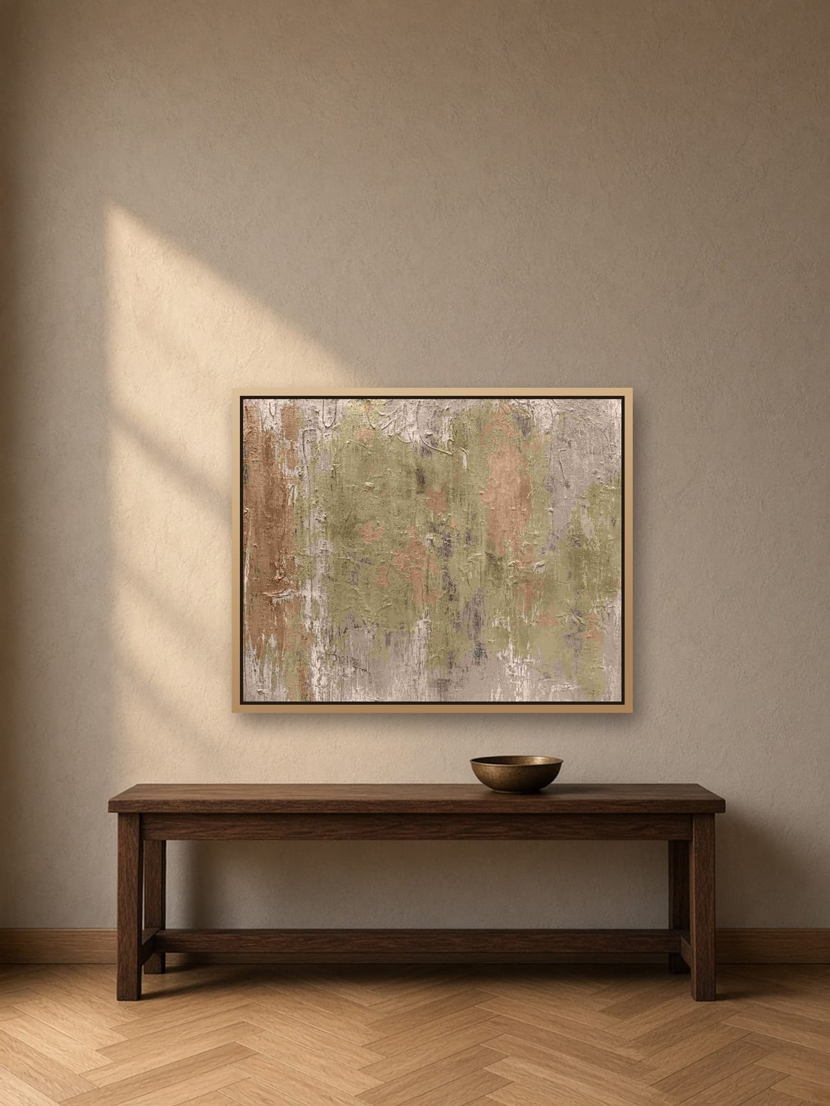 Where Time Settles op schaal aan een muur, 80 × 100 × 2 cm